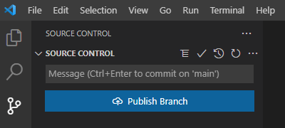 VS Code screen shot showing Publish Branch button